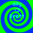 Four identical spiral patterns with alternating blue and green rings, each containing text elements in light blue pixelated font.