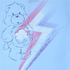 A light blue teddy bear with a white cloud-shaped chest emblem holding a red and white striped object against a light blue background.