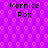 Static pixel art image with purple background and repeating light pink circular patterns, displaying four identical text blocks reading "Vernice Rox" in black pixelated font.