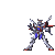 Pixelated mecha robot in silver, blue, and red poses with circular orange energy effects on gray background.