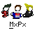 Animated contact sheet of 10 pixel art frames showing a cartoon character in various poses with changing armor and background elements, each labeled "MxPx" below.