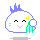 Pixelated cloud-shaped character with blue spiky hair, closed eyes, pink smile, holding green and yellow object; four variations show mouth shape and prop position changes.