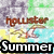 Pixelated image with 'hollister' text in brown script, a stylized figure on a beach background, and 'Summer' in white block letters at the bottom.