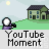 Animated contact sheet of a pixel art YouTube Moment icon showing sequential frames with stick figures, houses, and text bubbles in a 5x5 grid layout.