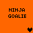 Pixelated orange background displays four 'NINJA GOALIE' text blocks with two heart symbols in black and brown.
