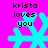 Cyan snowflake-shaped icon with black text 'krista loves you' on bright pink background, displayed in four identical positions