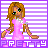 Pixel art of a girl in pink dress with long brown hair, green eyes, and white collar against purple-and-white striped background.