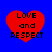 Four red heart shapes on a blue background, each containing the text LOVE and RESPECT in black pixelated font.