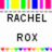 A static icon with a white background, featuring horizontal color bars at the top and bottom edges and pixelated text reading 'RACHEL' above 'ROX'.