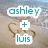 Pixelated icon with teal text 'ashley' above a white plus sign and 'luis' below, set against a blurred beach background.