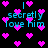 Pixelated cyan text 'I secretly love him' repeats across black background with scattered pink hearts, animated with shifting text positions and heart placements.