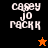 Pixelated text 'cassy jo rock' on four colored backgrounds with star symbols, one orange and one black star visible.