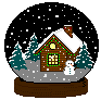 Pixelated snow globe with brown cabin, white snow, green trees, and snowman under falling snow.