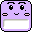 Pixelated purple face with black eyes and pink cheeks displays sequential text in a white rectangle, forming 'I ❤️ HIRO' with a pink heart symbol.
