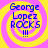 Four identical display blue text 'George Lopez ROCKS !!!' over yellow and pink spiral backgrounds