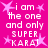 A static image with a bright pink background displays repeated text "i am the one and only SUPER KARAI!" in white pixelated font surrounded by light purple star shapes.
