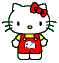 Pixelated Hello Kitty avatar with red bow, yellow collar, and red overalls featuring a white cloud symbol on the chest.