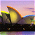 Static pixelated image of a large architectural structure with curved white sails against a pastel sky, likely the Sydney Opera House at sunset or sunrise.