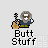 Pixelated icon shows a figure with guitar and skull mask, text 'Butt Stuff' below; animation cycles through static pose to colorful swirling effect on the mask.