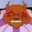 Pixelated orange creature with two horns, closed eyes, and a wide toothy grin, set against a light purple background with faint diagonal lines.