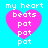 Four identical pixelated heart icons with text "my heart beats pot pot pot" on a cyan background, arranged in a