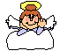 Pixelated angel figure with brown hair in a bun, yellow halo, white wings, and light blue collar on cloud base; left hand raised to cheek.