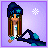 Pixel art of a character with long brown hair and blue headwear, seated against a purple background with snowflake or star symbols, displaying text 'IT'S ALL DOWNHILL FROM HERE' in purple block letters.