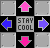 Pixelated of arrow and text icons in pink, blue, purple, gray, and black with 'STAY COOL' text on some