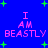 Blue background with green plus signs and pink text reading "I AM BEASTLY" in four identical quadrants.