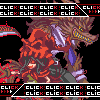 Pixel art of a red-haired character with dark clothing holding a sword, facing a large wolf-like creature against black background.