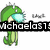 Green cartoon character with blue eye emits light, text changes from 'michaela31' to 'Loves' then 'Rawr!!'