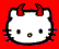 Pixelated white cat head with black whiskers and red, blue, or green horns on red, blue, or green backgrounds.
