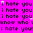A bright pink background filled with repeated black text 'i hate you' and 'know who i know who', interspersed with small white star shapes.