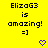 Yellow background with black text "ElizaG3 is amazing! =]" and blue pixel art symbols changing across frames.