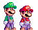 Two pixel-art characters stand side-by-side against a solid gray background, one in green attire with an 'L' on his cap and the other in red attire with an 'M' on his cap.