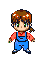 Pixel art character with brown hair in a side braid, green eyes, red long-sleeve shirt, blue overalls, and black shoes, shown in multiple poses.