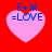 Four identical pink hearts on red background with blue text 'E+M =LOVE' inside each heart.