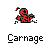 Pixelated red figure with black accents in dynamic pose, white text reading 'Carnage' below on gray background.