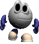 A spherical gray character with large black eyes and blue limbs appears in multiple poses against a light gray background.