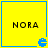 Yellow square with blue border containing 'NORA' text and a small blue Pac-Man-like icon in the bottom-right corner.