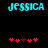 Pixelated cyan text 'JESSICA' above red heart symbols on black background, with two variations of heart arrangement.