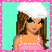 Pixel art contact sheet of a cartoon character in four frames showing full body, upper body, lower body, and name text on turquoise background with pink border.