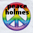 Rainbow-colored peace symbol with black text "peace holmes" overlaid on a white background.