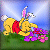Pixelated static image of a yellow cartoon character with red shirt lying on grassy field under blue sky, wearing pink bunny ears and holding purple flowers.