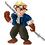 A 4-frame pixel art animation of a cartoon character with blonde hair, goggles, and a cigarette in his mouth holding a sword-like weapon across four distinct poses.