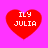 Four red heart shapes on a bright pink background, each containing white pixelated text reading 'ILY JULIA' in two lines.