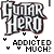 Pixelated 'Guitar Hero' text with 'ADDICTED MUCH?' below, six variations showing animation changes in small symbols and a red asterisk.