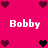 Pixelated pink background with white text 'Bobby' repeated four times and heart symbols in dark purple, black, and maroon arranged around the text.