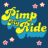 Pixelated text 'Pimp Ride' in yellow and blue with pink starbursts on a dark blue background.