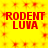 Yellow background with red pixelated text 'RODENT LUNA' repeated in four identical quadrants, surrounded by red starburst patterns.